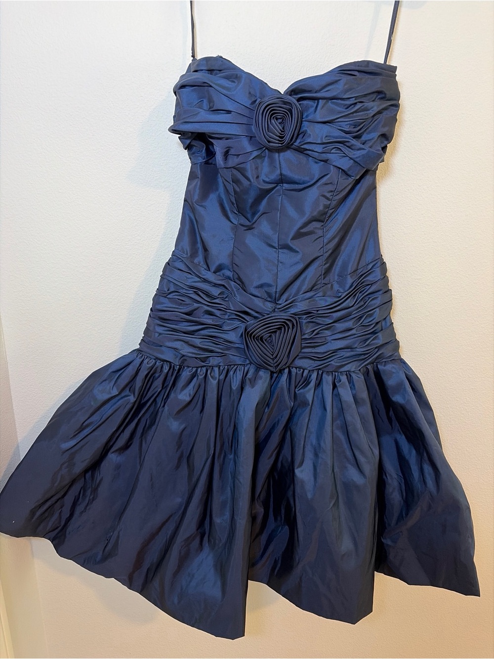 Vintage Victor Costa Dress Navy Taffeta Bubble Hem Rosette Prom 80s Glam Retro S